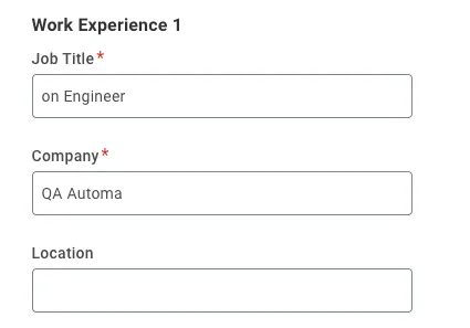 Resume parsing example showing job title, company and role description fields extracted from a resume.