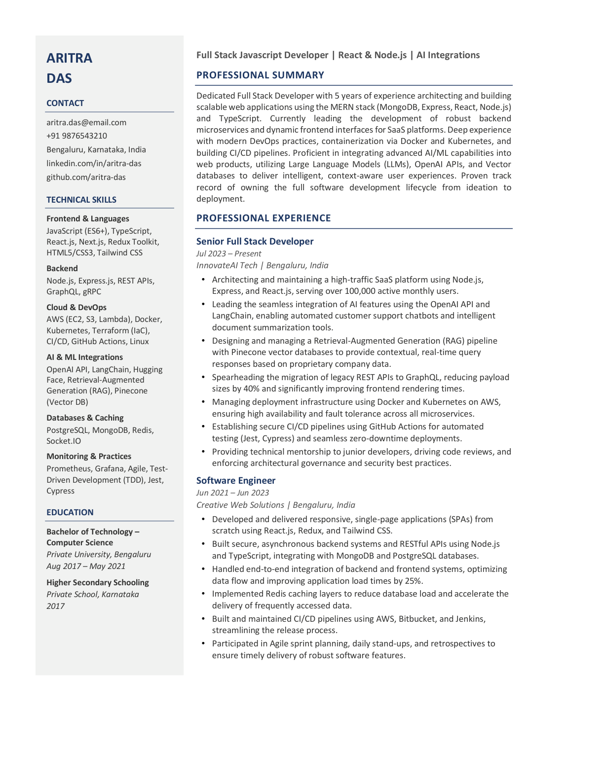 Two-column resume layout tested for machine readability in QuratedAI's resume checker.