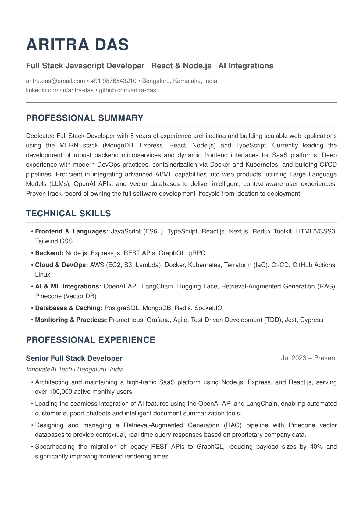 Baseline resume with a single-column layout, standard section headings and bullet-pointed work experience.